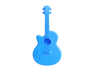 Rendered, bright blue acoustic guitar, isolated against a black background