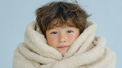 A cozy child wrapped in a soft blanket, radiating warmth and comfort against a serene blue backdrop.