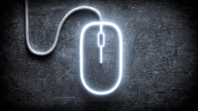 Sleek neon computer mouse glowing on dark textured surface, perfect for tech blogs, futuristic designs, and modern technology concepts, a captivating digital age icon
