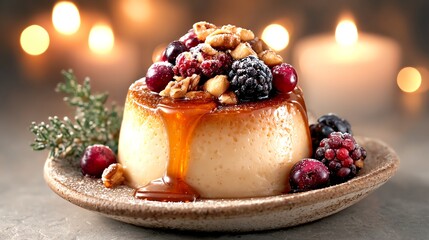 A decadent dessert featuring creamy flan topped with berries, nuts, and caramel sauce, illuminated by soft candlelight.