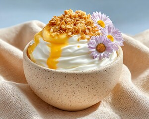 A delicious bowl of creamy yogurt topped with granola, honey, and fresh flowers, perfect for a healthy treat.