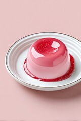 A delicious red jelly dessert on a white plate, served against a soft pink background. Perfect for sweet cravings!