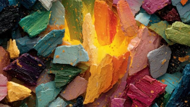 Abstract composition of multicolored paint chips with thick texture on a dark surface, centered around a glowing yellow light, symbolizing creativity