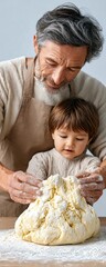 A grandfather and grandson bond while kneading dough together in a cozy kitchen, creating precious memories.
