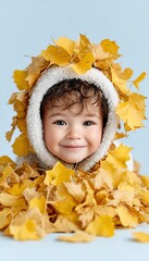 A joyful child surrounded by vibrant yellow leaves, celebrating the beauty of autumn in a playful atmosphere.