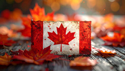Canadian Autumn: A rustic Canadian flag rests amid a bed of vibrant fall leaves, evoking the spirit of Canadian pride amidst the beauty of autumn.