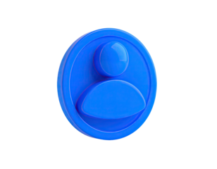 A blue 3D rendered user icon inside a rounded border against a black backdrop