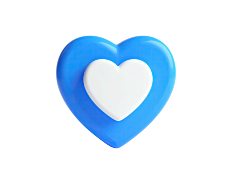 A glossy, 3D blue heart with a white heart nested inside, on black background