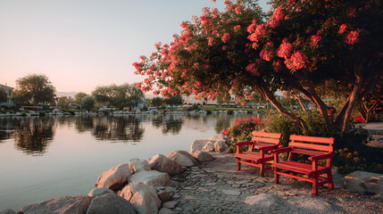 Obraz premium Commercial photo of a realistic-style lakeside park bench scenery 
