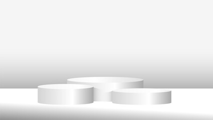 Three white cylindrical podiums of varying heights are arranged on smooth surface, set against gradient background. minimalist design creates modern and clean aesthetic
