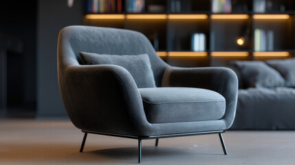 Velvet chair in stylish apartment with modern design and cozy atmosphere perfect for relaxation and reading