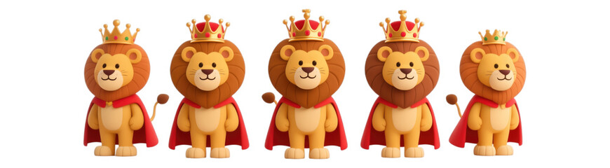 Fototapeta premium Five Golden Lions with Red Capes, 3D Realism Illustration with Transparent Background