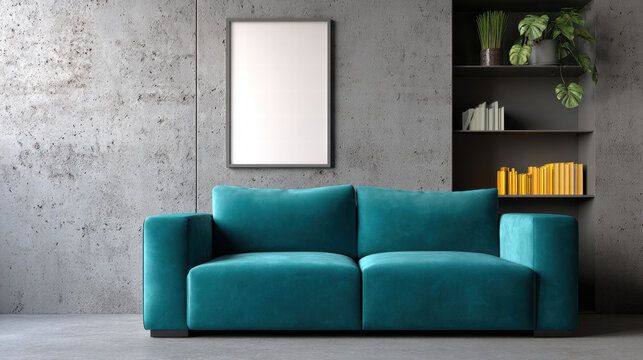 Velvet sofa for modern workspace with teal color stands against concrete wall with bookshelf and blank frame