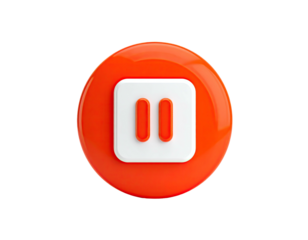 3D render of a glossy orange button featuring a white square and red pause symbol
