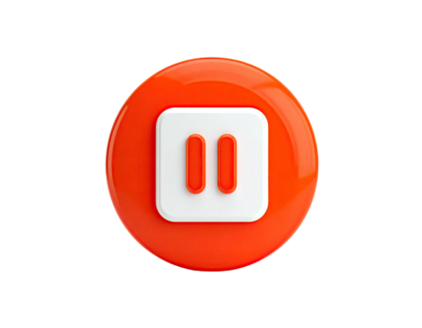 3D render of a glossy orange button featuring a white square and red pause symbol