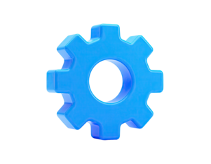3D rendering of a glossy, blue gear icon against a black background