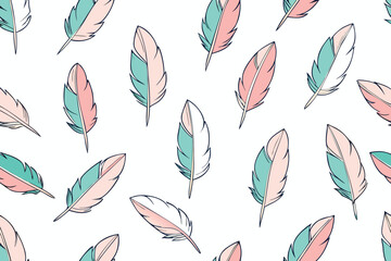 Fototapeta premium Seamless pattern of colorful hand drawn feathers on white background