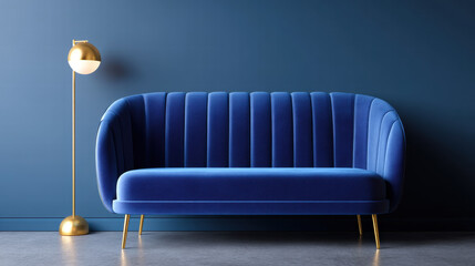 Velvet sofa in art deco interior with gold floor lamp and blue wall creates luxurious and elegant atmosphere