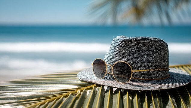 Light gray straw hat and round sunglasses on palm leaf, ocean background - Powered by Adobe