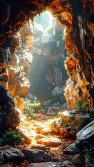 Sunlight streams into a rocky cave