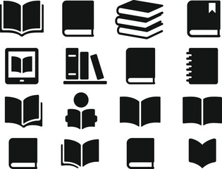 Vector EPS illustration featuring 16 solid black book icons. Includes open book, closed book, stack of books, bookmark, e-book, library shelf, hardcover, notebook, diary, reading, study, education sym
