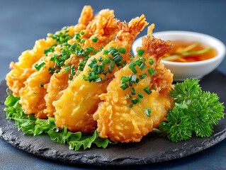 Delicious and crispy shrimp tempura served with dipping sauce on a slate platter, perfect for gourmet dining.