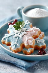 Delicate snowflake cookies adorned with icing and powdered sugar on a blue plate, perfect for festive occasions.
