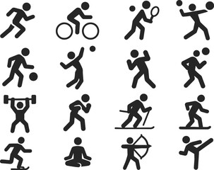 Vector EPS illustration featuring 16 solid black sport piktogram icons. Includes running, cycling, swimming, football kick, basketball dribble, tennis serve, volleyball spike, gymnastics pose, weightl