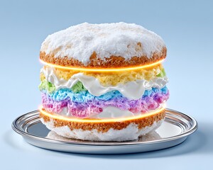 Delicious rainbow cake sandwich on a silver plate, showcasing colorful layers and creamy filling.