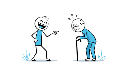 A young man is laughing and pointing at an old man who is angry and leaning on a cane.