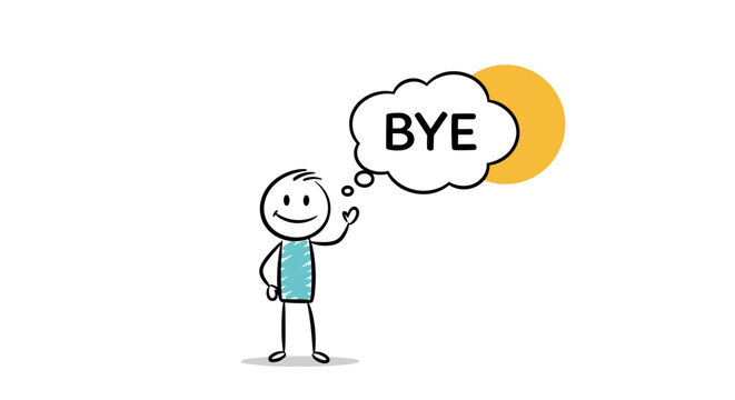 Simple stick figure character waving goodbye with the sun setting in the background.