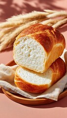 Freshly baked bread loaf on a wooden plate, surrounded by soft fabric and decorative elements.