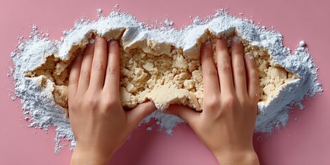 Hands kneading and mixing flour on a pink surface, showcasing the art of baking and culinary creativity.