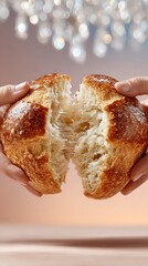 Hands breaking apart a freshly baked loaf of bread, showcasing its fluffy texture and golden crust.