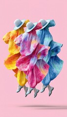 Three cheerful dancers in vibrant outfits jumping joyfully against a pink background, showcasing fun and freedom.