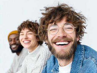 Three friends laughing together, showcasing joy and friendship in a bright, modern setting.