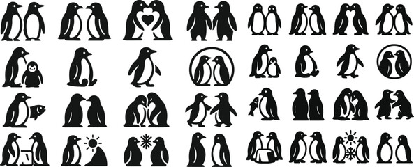 Vector EPS illustration featuring 16 solid black penguin-themed icons. Includes two penguins standing side by side, penguins facing each other, penguins with heart symbol, penguins holding wings, baby © MORIUM JANNAT