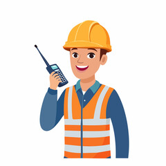 Cheerful male construction worker in safety gear communicating via two-way radio, ready for site coordination