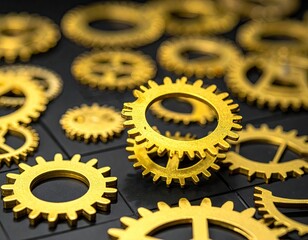 Golden gears on a black tile surface, close-up view