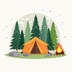 Idyllic forest camping scene with a cozy tent, tall pine trees, and a warm, crackling campfire
