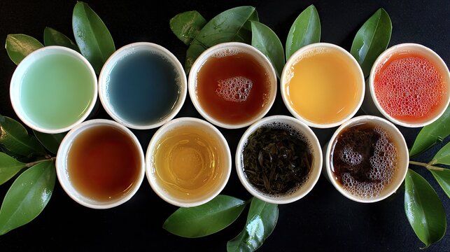 Assorted tea varieties in small cups, arranged on a dark surface.