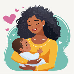 Beautiful black mother with curly hair tenderly cradles her cute infant child