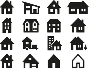 Vector EPS illustration featuring 16 solid black house silhouette icons. Includes single-family home, modern house, cottage, bungalow, townhouse, duplex, mansion, apartment building, cabin, tiny house