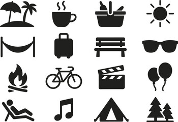Weekend Solid Black Vector Icon Set Collection on White Background
