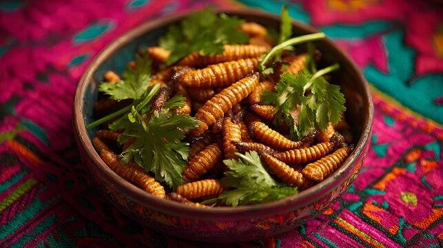 Crispy fried chapulines with fresh cilantro served in a rustic bowl on a vibrant textile