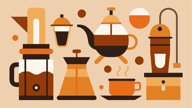 An artistic layout of various coffee brewing ods including pourover French press and siphon pots each with distinct designs.