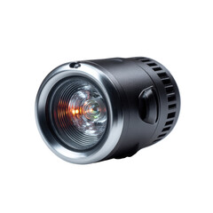 A compact, black and silver flashlight or bicycle light illuminates with an orange glow, showcasing its robust design against a solid transparent background. background removed