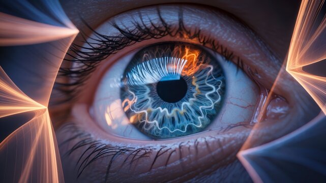 Close-up of a Human Eye with Intricate Digital Patterns and Energetic Light, AI and Advanced Vision Technology. Biometric Identity Concept, Digital Security and Enhanced Human Perception.