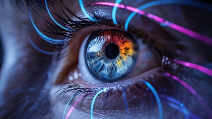 Close-up of a Futuristic Human Eye with Glowing Digital Data Streams, AI, Biometric Technology, Advanced Vision. Human-Machine Interface. Cybernetic Eye for AI and Big Data.