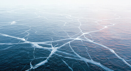 Abstract pattern of deep blue ice with white cracks.
